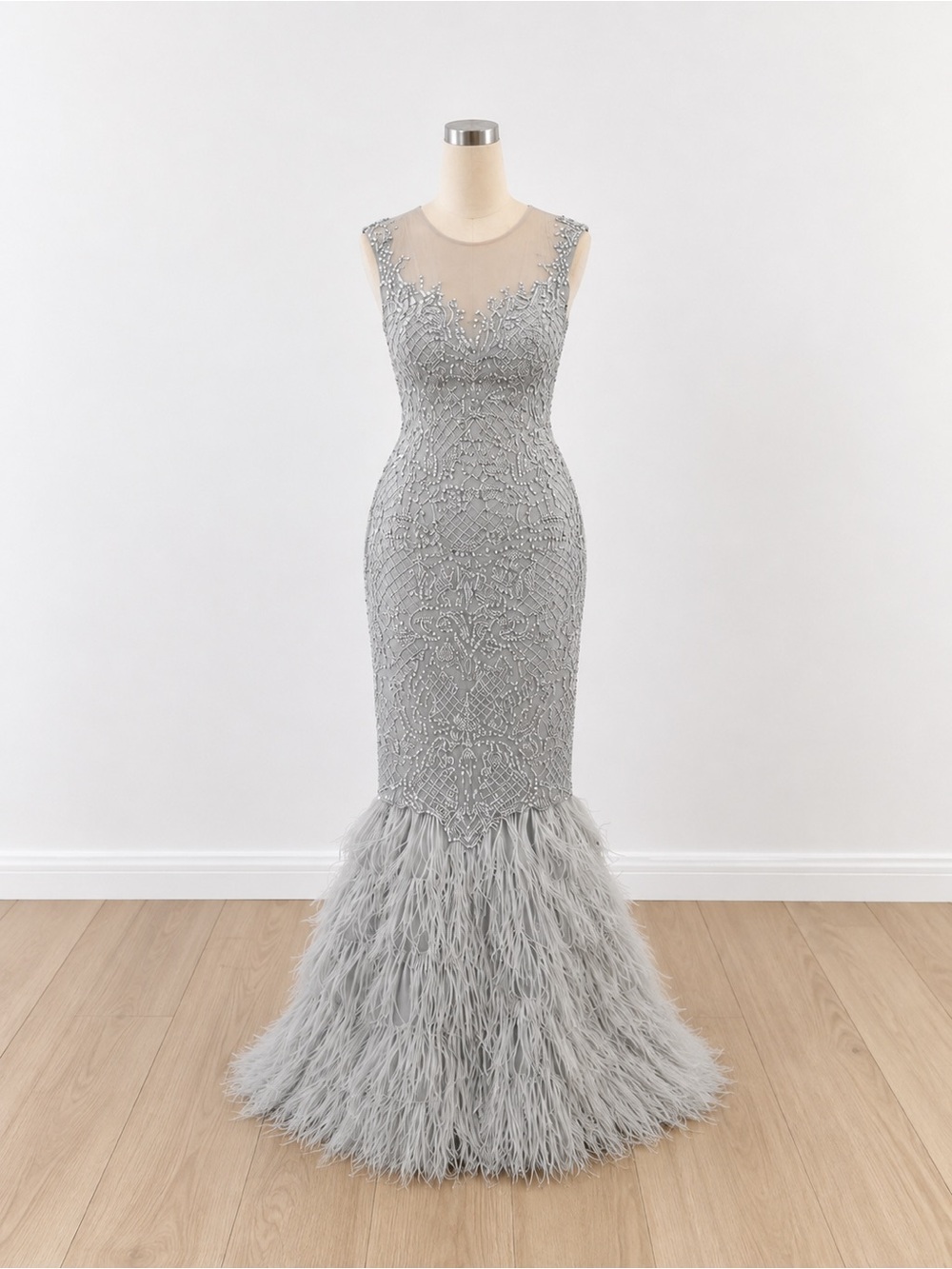 Camille La Vie Silver Beaded Mermaid Gown with Feathered Hem
